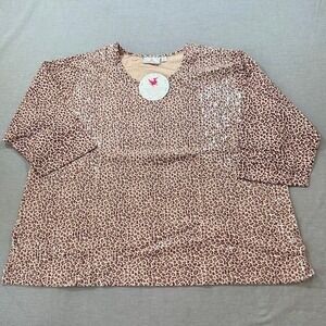 Quaker Factory Leopard Print Sequin 3X Top 3/4 Sleeve‎ V Neck Beige Brown